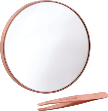 Tweezerman Rose Gold Mini Slant Tweezer & 10X Magnification Mirror Set