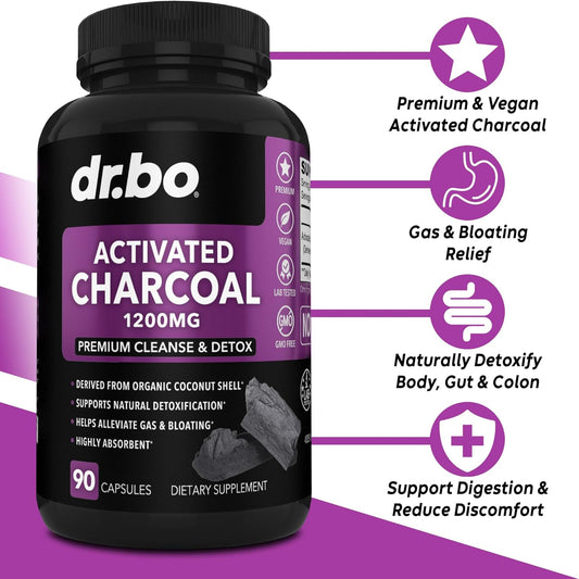 Activated Charcoal Capsules Cleanse Detox - 1200mg Organic Coconut Charcoal Pills for Stomach Gas and Bloating Relief for Men Women Kids - Active Charcoal Capsules Powder Binder Supplements for Gut