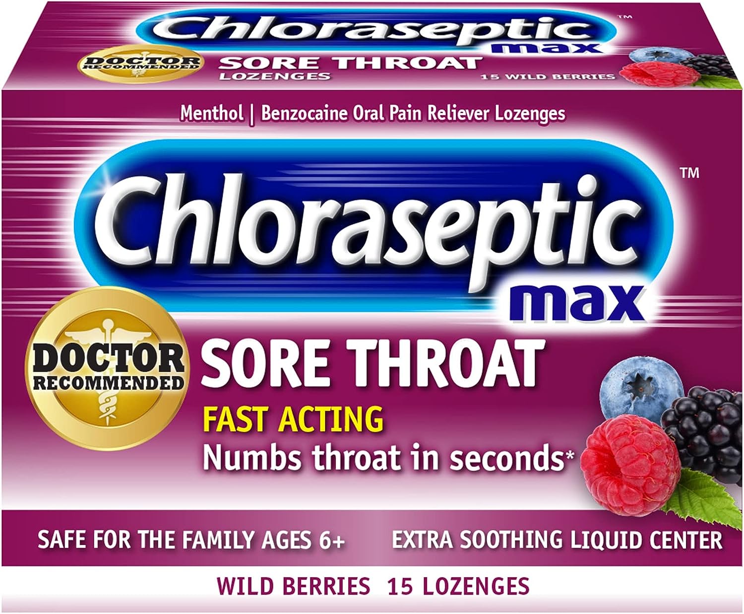 Chloraseptic Max Strength Sore Throat Lozenges, Wild Berries, 15 Count, 1 Pack