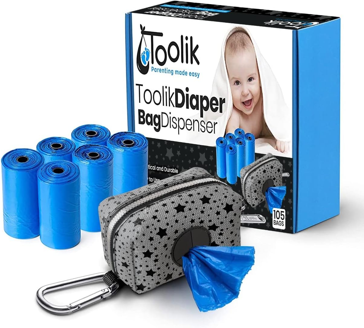 Toolik Diaper Bag Dispenser With 105 Disposable Unscented Waste Bags (7 Refill Rolls) For Baby And Toddler Poop Or Dirty Clothes, Essential For Travel And Quick Change On The Go