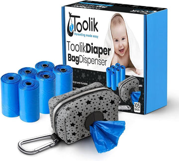 Toolik Diaper Bag Dispenser With 105 Disposable Unscented Waste Bags (7 Refill Rolls) For Baby And Toddler Poop Or Dirty Clothes, Essential For Travel And Quick Change On The Go