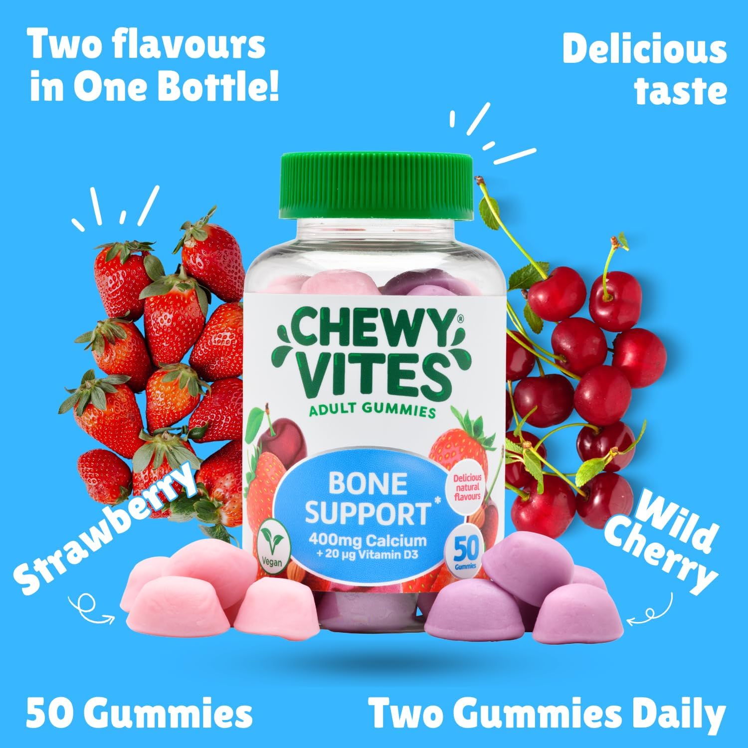 Chewy Vites Adult Bone Support 50 Vitamin Gummies, 400mg Calcium Gummies with 20 mcg Vitamin D3, for Bones, Teeth & Muscle Function, 2-a-Day, Vegan, Mix of Wild Cherry and Strawberry Flavour : Amazon.co.uk: Health & Personal Care
