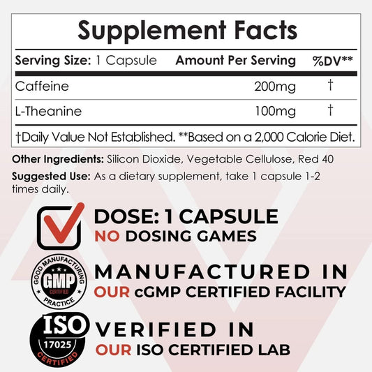 Nootropics Depot Caffeine and L-Theanine Capsules | 60 Count | Contains 200mg of Caffeine and 100mg of L-Theanine | Natural Supplement | Energy Booster | Mental Focus + Alertness | Coffee Alternative