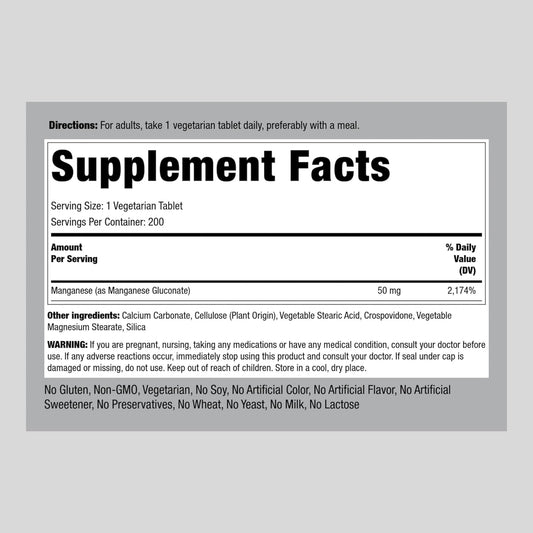 Chelated Manganese | 50 mg | 200 Tablets | Manganese Gluconate Supplement | Vegetarian, Non-GMO, Gluten Free | by Piping Rock