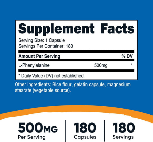 Nutricost L-Phenylalanine 500Mg; 180 Capsules