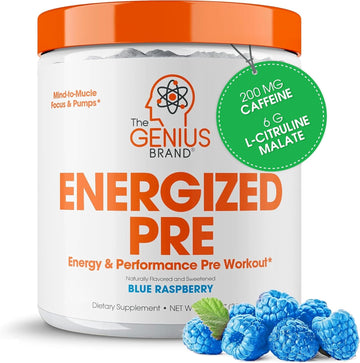 Genius Energized Pre Workout Powder, Blue Raspberry - Caffeine Infused Pre-Workout Nitric Oxide Booster Supplement With Beta Alanine & Alpha Gpc - No Artificial Sweetener Or Dyes – 200Mg Caffeine