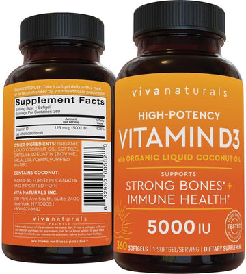 Viva Naturals D3 Vitamin 5000 Iu Softgels (125 Mcg), 360 Softgels - High Potency Vitamin D Supplements For Healthy Immune Function, Bones & Muscles - Made With Organic Liquid Coconut Oil