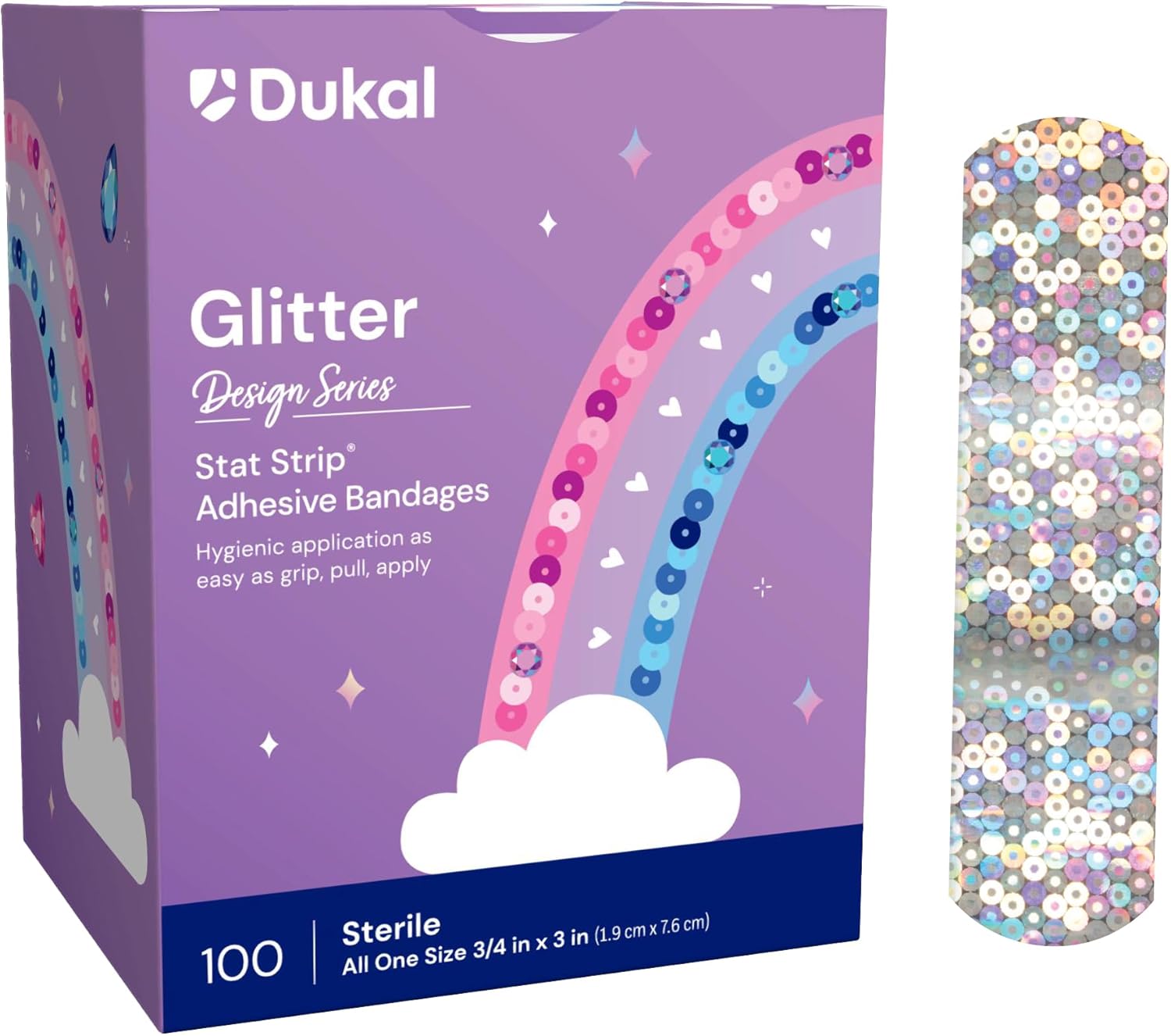 Dukal Design Series Glitter Adhesive Bandages With Stat Strip Technology, 3/4" X 3" (Box Of 100) : Health & Household