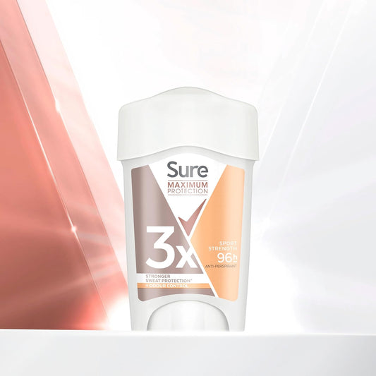 Sure Maximum Protection Sport Strength Anti-Perspirant Cream Women'S Deodorant Stick With 3X Stronger* Sweat Protection For 96 Hour Sweat And Odour Protection 45 Ml