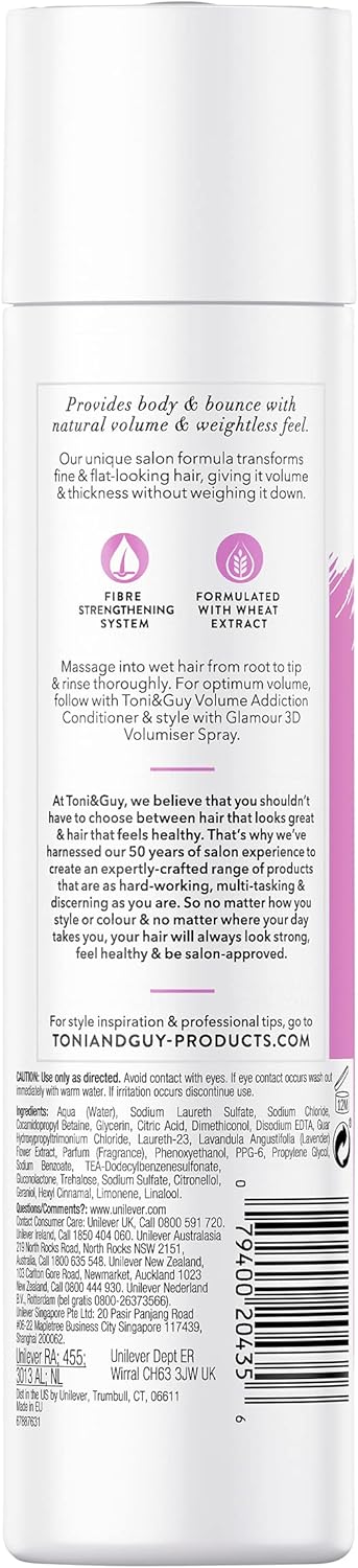 Toni & Guy | Volume Addiction Shampoo For Fine Hair | Perfect For Enhancing Natural Volume, Body And Bounce With A Weightless Feel | Fibre Strengthening System | 250Ml