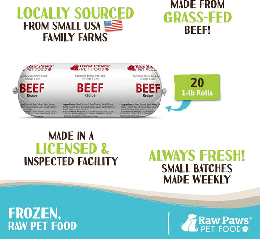 Raw Paws Signature Blend Pet Food For Dogs & Cats - Beef Recipe, 1-Lb Rolls (20 Pack) - Fresh Pet Food Made In Usa, Grass-Fed Beef Dog Food Log, Natural Dog Food Rolls, Raw Frozen Dog Food & Cat Food