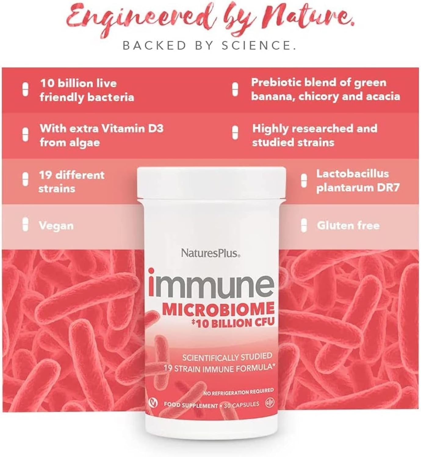 Naturesplus Immune Microbiome 10 Billion Cfu - Immune Support Probiotic Supplement -19 Strains, Prebiotics And Vitamin D3 - Vegan, Gluten Free - 30 Capsules