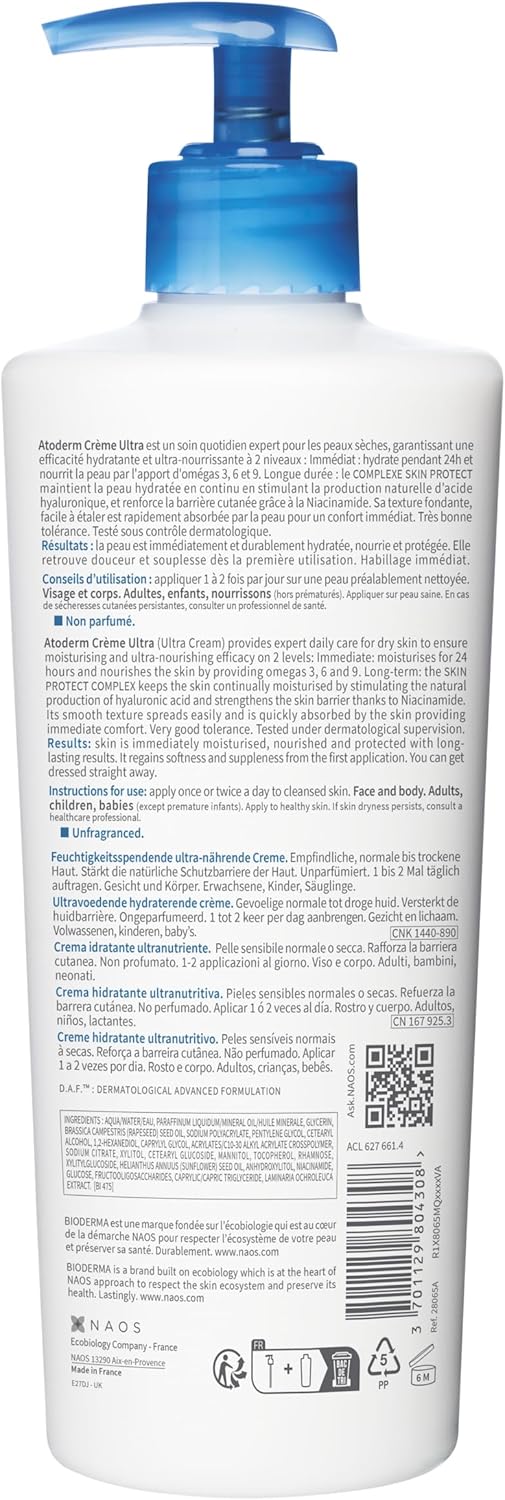 Bioderma Atoderm Cream Ultra Moisturiser - Ultra-Nourishing & Protecting Daily Face Cream & Body Cream, Intense Hydration & Comfort To Re-Build The Skin Barrier, Unfragranced, 500Ml