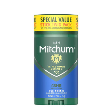 Mitchum Men'S Deodorant, Antiperspirant Stick, Triple Odor Defense Invisible Solid, 48 Hr Protection, Dermatologist Tested, Ice Fresh, 2.7 Oz (Pack Of 2)