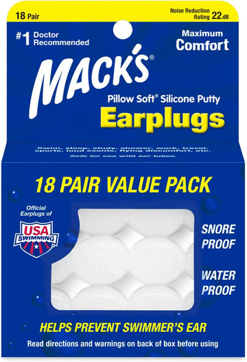 Mack's Pillow Soft Silicone Earplugs, 18 Pair - The Original Moldable Silicone Putty Ear Plugs for Sleeping, Snoring, Swimming, Travel, Concerts and Studying | Made in USA