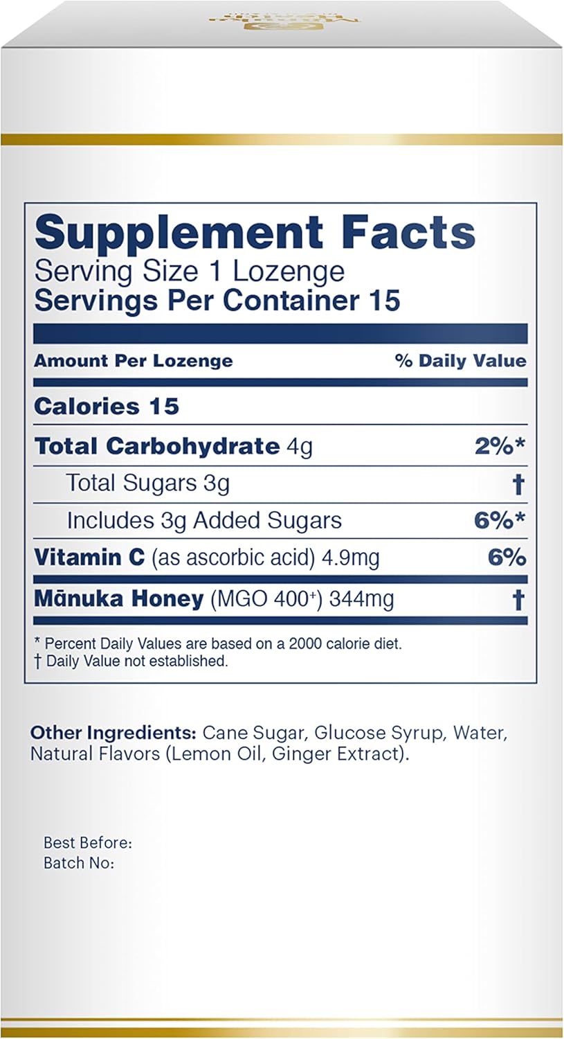 Manuka Health Manuka Honey Lozenges – 15 Lemon and Ginger Flavored Lozenges – Natural Throat Lozenges Infused with Raw Manuka Honey and Vitamin C for Immune Support : Health & Household