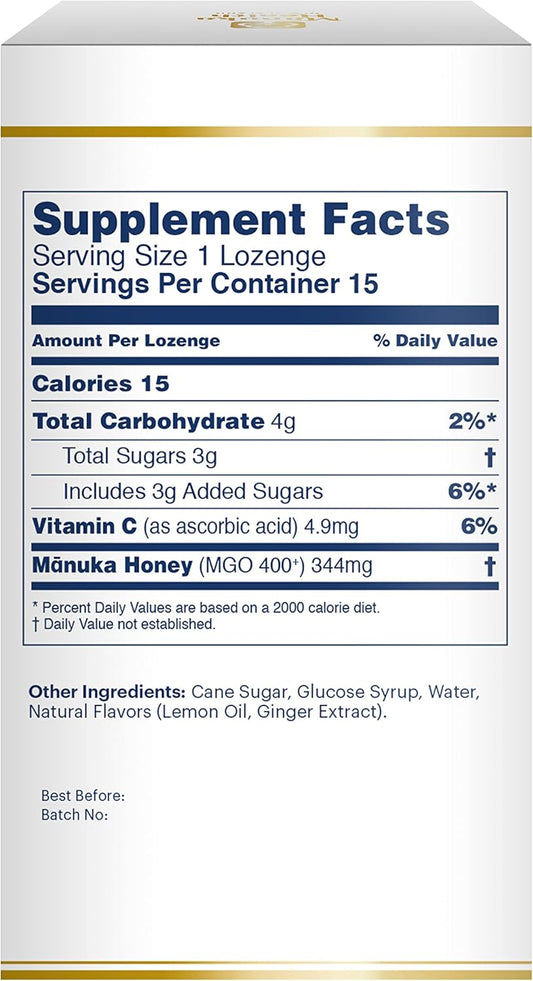 Manuka Health Manuka Honey Lozenges – 15 Lemon and Ginger Flavored Lozenges – Natural Throat Lozenges Infused with Raw Manuka Honey and Vitamin C for Immune Support : Health & Household