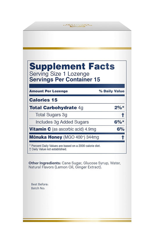 Manuka Health Manuka Honey Lozenges – 15 Lemon Flavored Lozenges – Natural Throat Lozenges Infused With Raw Manuka Honey And Vitamin C For Immune Support
