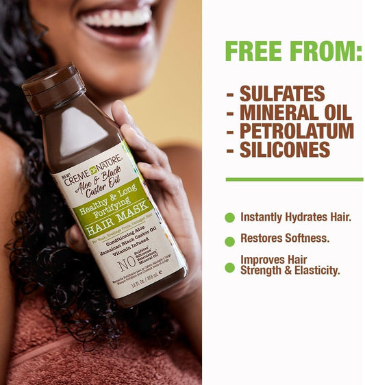 Creme Of Nature Aloe & Black Castor Oil Healthy & Long Fortifying Hair Mask 12 Oz, Brown, 355 Ml