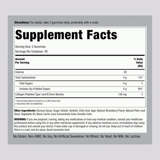Piping Rock Collagen Peptides Gummies | 60 Count | Collagen Type 1 And 3 | Strawberry Flavor | Non-Gmo, Gluten Free Supplement