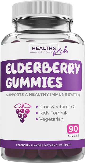 Elderberry Gummies For Kids With Vitamin C & Zinc (3 Months Supply) 90 Delicious Raspberry Flavor Gummy - Immune Support Supplement For Children - Vegetarian Sambucus Elderberry Gummies (No Pills)