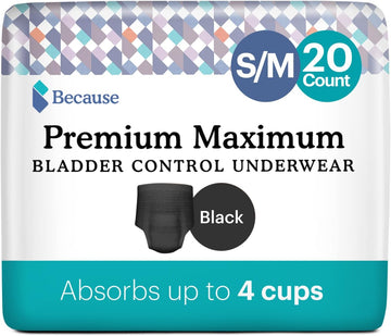 Because Premium Maximum Absorbency Adult Incontinence And Postpartum Bladder Leak Underwear For Women, Heavy Absorbency, Disposable, Black, Small/Medium, 20 Count