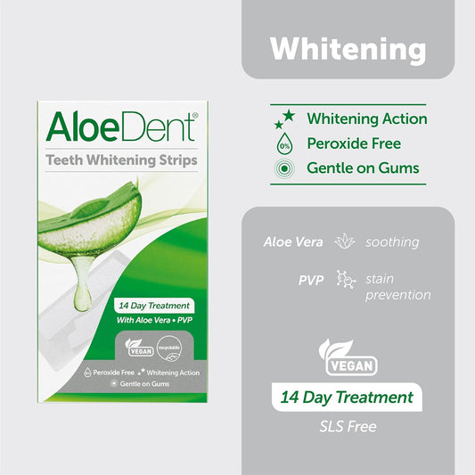 Aloedent Teeth Whitening Strips - Peroxide Free, Removes Stains, Natural Aloe Vera And Pvp Formula, Gentle On Gums & Enamel, Sensitivity Free, Vegan, 28 Strips, 14 Day Treatment