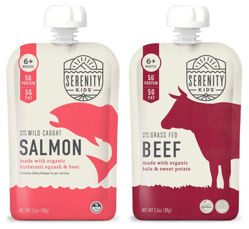 Serenity Kids Surf & Turf Baby Food Pouches Bundle | 6 Each Of Wild Caught Salmon & Grass Fed Beef (12 Count)