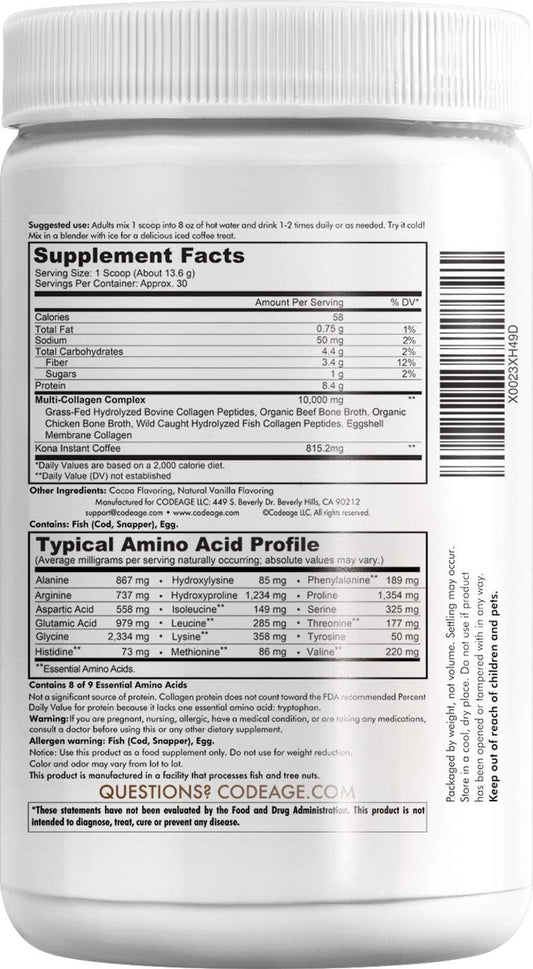 Codeage Multi Collagen Peptides Protein Powder, Chocolate Mocha Instant Coffee - Low Calories Drink & Shake - Collagen Type I, Ii, Iii, V & X - Grass-Fed, Pasture-Raised, Hydrolyzed, Non-Gmo - 14.39Oz