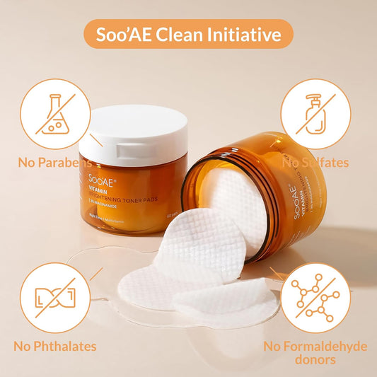 Soo'Ae Vitamin Brightening Toner Pads, 60 Gentle Exfoliating Pads I 8 Types Of Multivitamins, Radiant Skin Niacinamide, Cruelty-Free, Korean Skincare