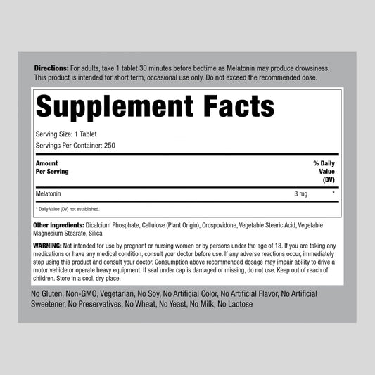 Piping Rock Melatonin 3mg | 250 Tablets | Adult Support Supplement | Vegetarian, Non-GMO, Gluten Free