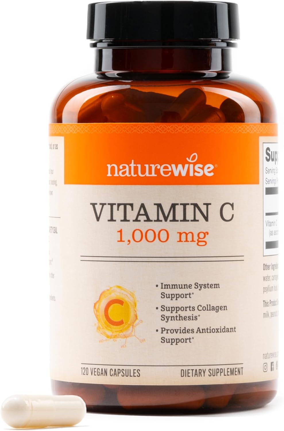 Naturewise Vitamin C 1000Mg Capsules - Extra Strength Dietary Supplement For Daily Immune Support & Collagen Synthesis - Vegan, Non-Gmo, Gluten Free - 120 Count[4-Month Supply]
