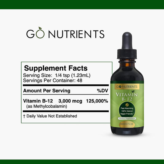 Go Nutrients Vitamin B12 Sublingual Methylcobalamin – B-12 Liquid Drops 3000Mcg, Organic Raspberry Flavor, Vegan – Supports Energy, Nerve Health & Red Blood Cell Formation - 2Oz (48 Servings)