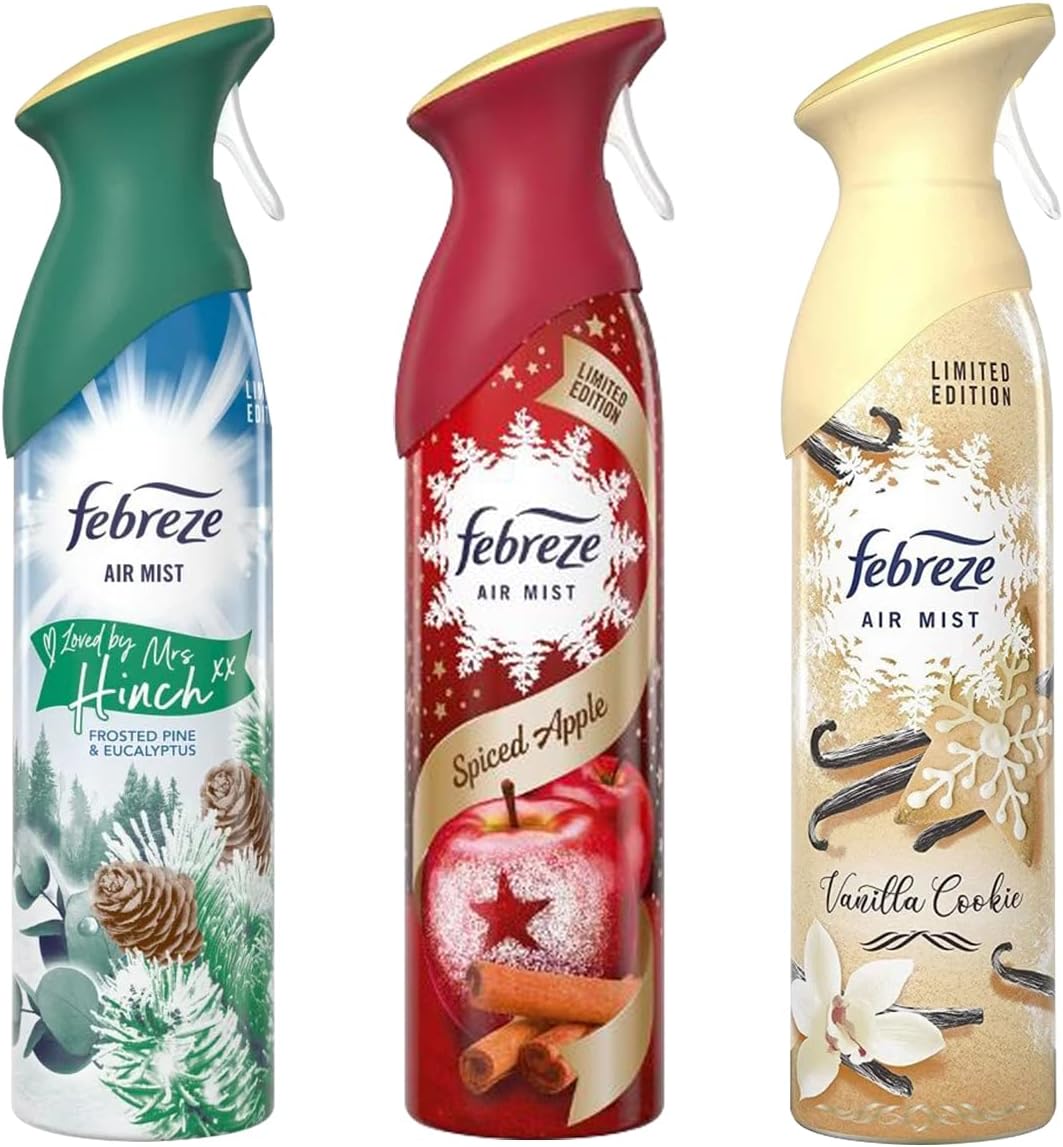 Febreze Christmas Air Freshener Spray-Set of 3, Includes Frosted Pine and Eucalyptus, Vanilla Cookies, and Spiced Apple Scents, Winter Holiday Collection Variety Scents, 10.1 oz Each : Health & Household