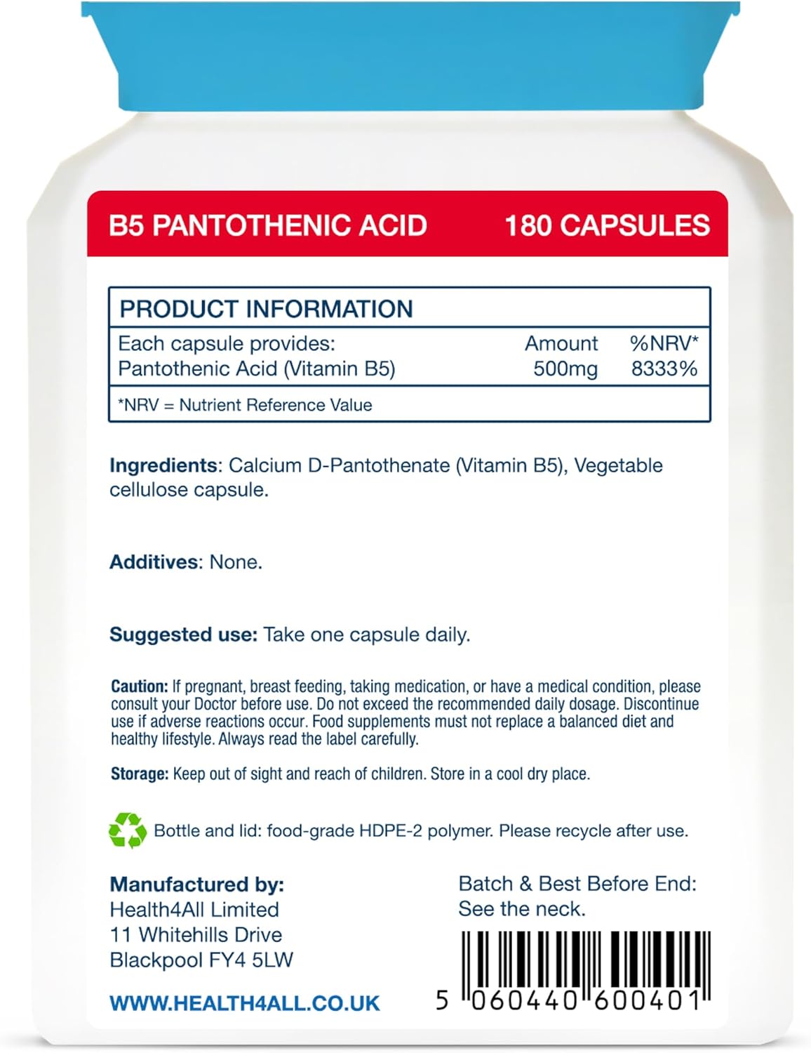 Vitamin B5 Pantothenic Acid 500mg 90 Capsules (V) (not Tablets) Purest: No Additives, Vegan. Made in The UK by Health4All. : Amazon.co.uk: Health & Personal Care