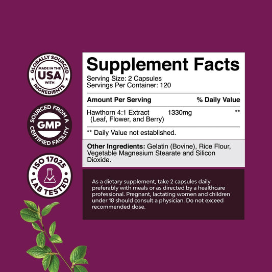 High Strength Hawthorn Berry Capsules - Pure Antioxidant Hawthorn Berry Supplement With Leaf & Flower Extract 4:1 For Heart Health & Digestion - Energy Support For Men & Women - 240 Count Pack