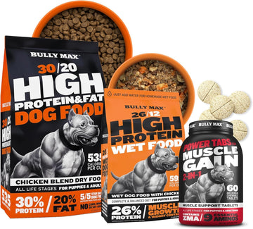 Bully Max Total Health & Muscle Growth Bundle - High Protein Dehydrated Wet Food, Dry Dog Food & 2-In-1 Multivitamin Power Tabs Dog Supplements For Puppy & Adult Dogs, For Small & Large Breed Dogs