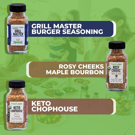 FreshJax Grill and BBQ Seasoning Gift Set | Pack of 3 Organic Grilling Spices | Grilling Gift sets for Men | Grill Master, Keto Chophouse & Rosy Cheeks-Maple Bourbon | Spices and Seasoning Sets
