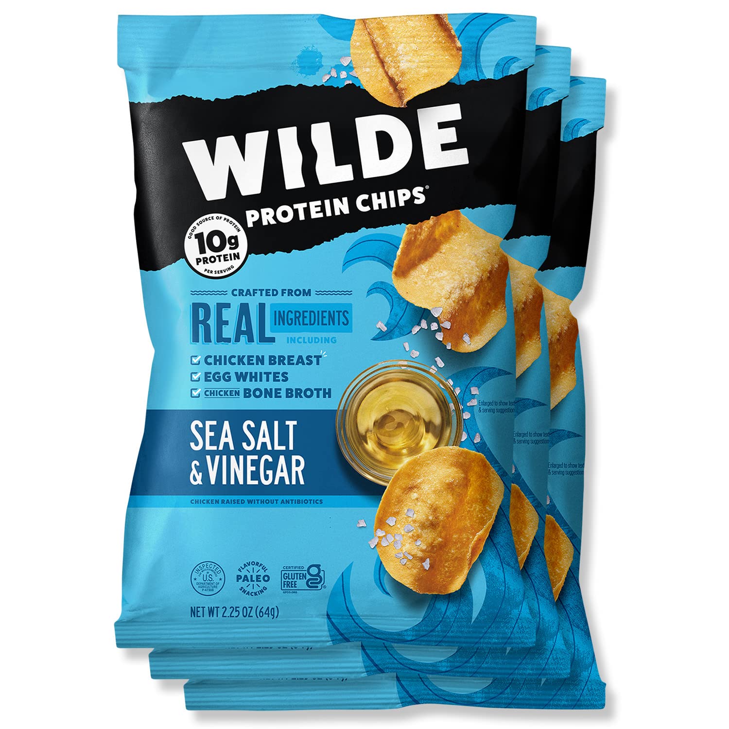 Wilde Sea Salt And Vinegar Protein Chips, Thin And Crispy, High Protein, Keto Friendly, Made With Real Ingredients, 2.25Oz Bags (Pack Of 3)…