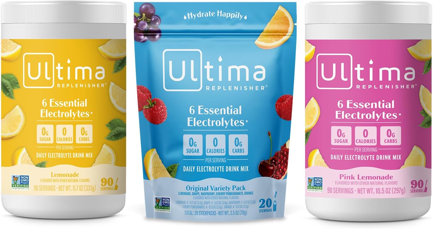 Ultima Replenisher Electrolyte Drink Mix Bundle – Lemonade, Pink Lemonade, Variety-90 Servings, 20 Stickpacks– 6 Electrolytes & Minerals – Keto Friendly, Vegan, Non-Gmo & Sugar-Free Electrolyte Powder