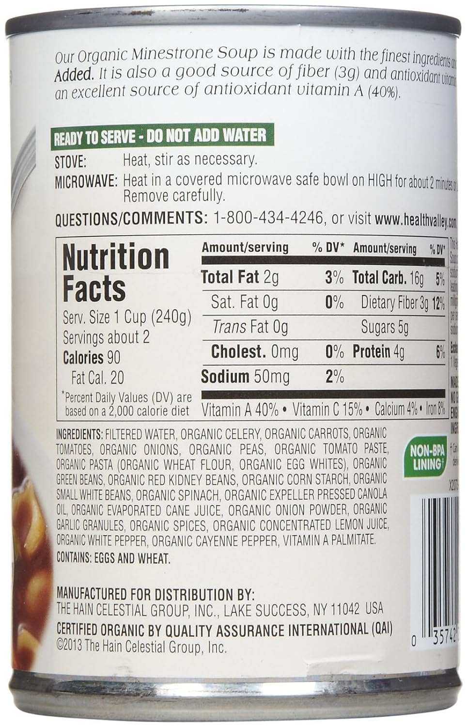 Health Valley Organic Minestrone Soup, No Salt, 15 Oz, 3 Pk