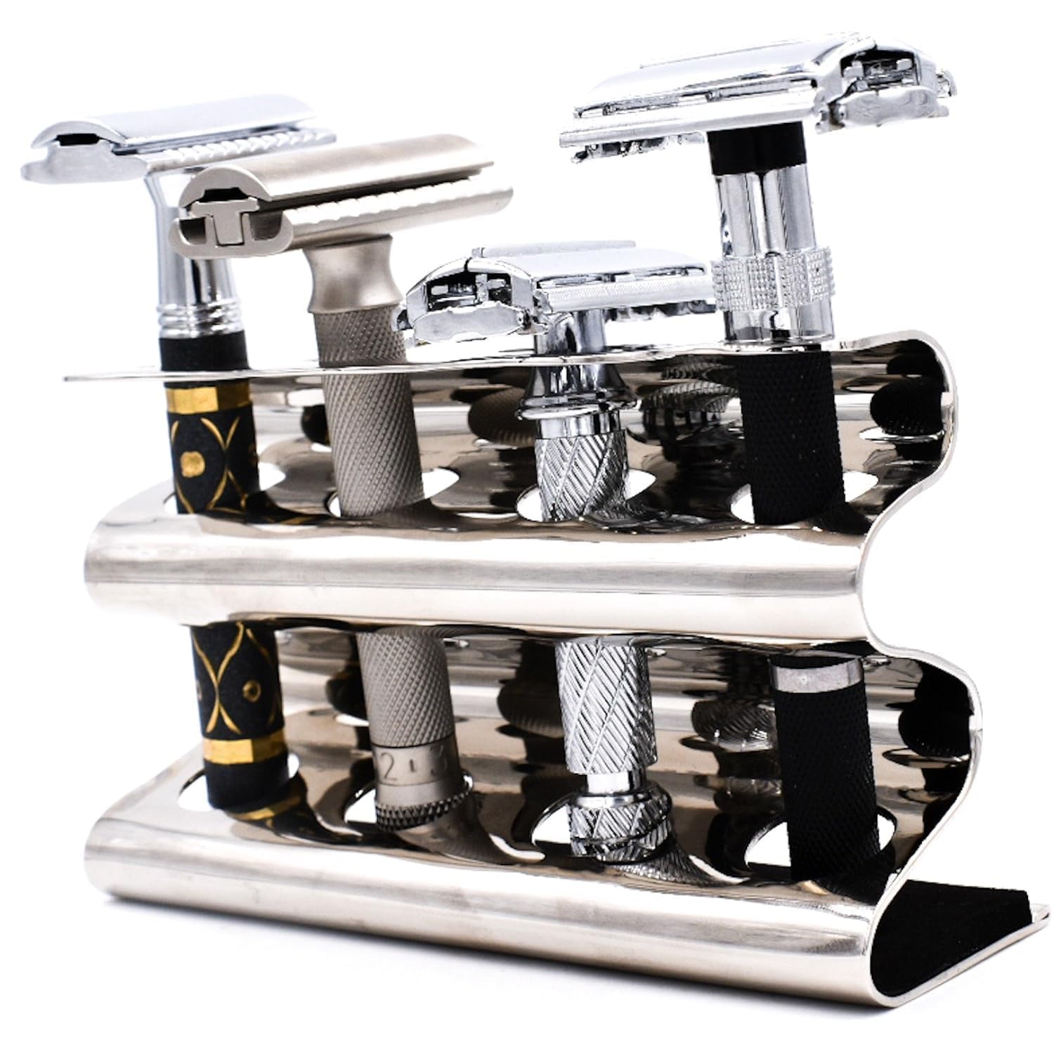 Parker Double Edge Razor Stand - Solid Brass With Mirror Chrome Finish -Holds 4 Razors - Parker Stand With Padded Base - Excellent Storage For Long Handled Double Edge Safety Razors