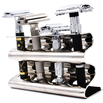 Parker Double Edge Razor Stand - Solid Brass With Mirror Chrome Finish -Holds 4 Razors - Parker Stand With Padded Base - Excellent Storage For Long Handled Double Edge Safety Razors