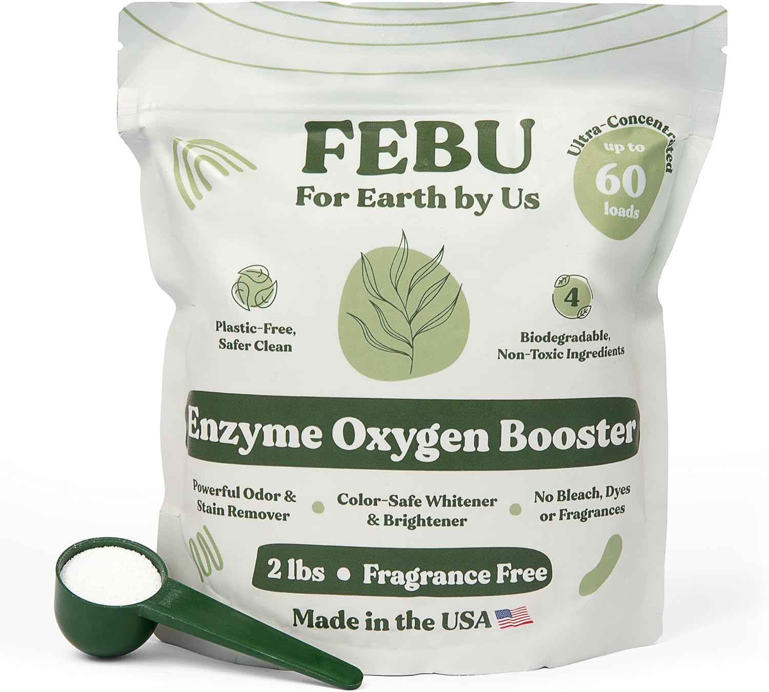 FEBU Enzyme Oxygen Laundry Booster, Fragrance Free, 2lbs | Natural Stain Remover | Powder Detergent Booster | Enzyme Clothing Stain Remover | Plant-Based No Filler Ingredients | Human Safe Made in USA