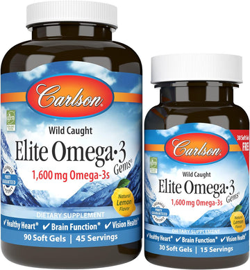 Carlson - Elite Omega-3 Gems, 1600 mg Omega-3 Fatty Acids Including EPA and DHA, Norwegian Fish Oil Supplement, Wild Caught, Sustainably Sourced Capsules, Lemon, 90+30 Softgels