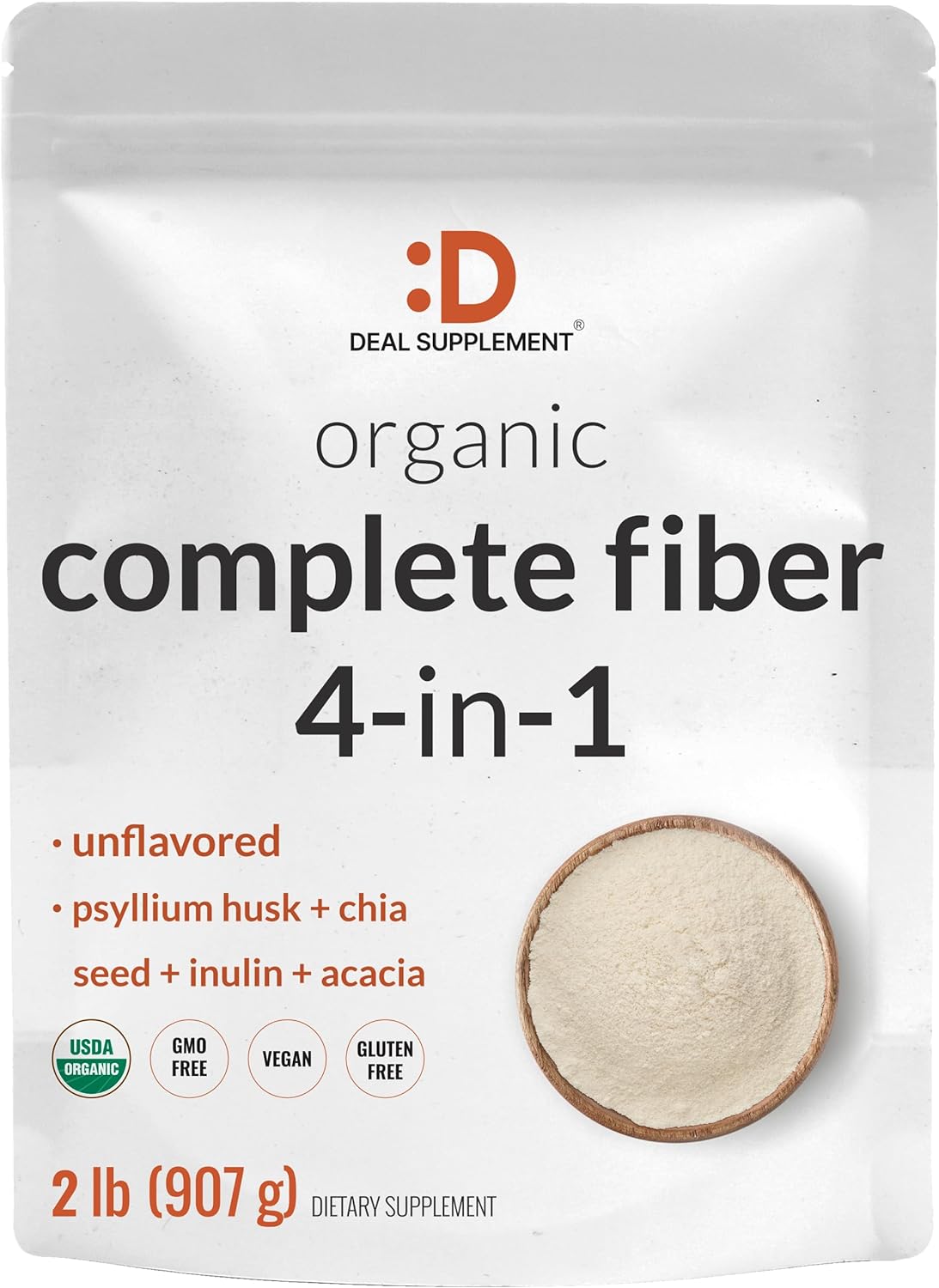 Deal Supplement Organic Fiber Powder Supplement, 2Lbs – With Psyllium Husk, Chia Seed, Inulin, & Acacia – Daily Fiber For Adults – Rich In Prebiotics For Gut & Digestive Health – Unflavored, Non-Gmo