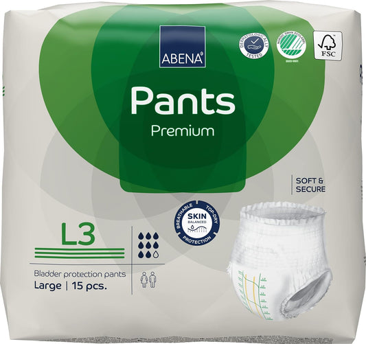 Abena Pants Premium Pull-Up Incontinence Pants, Eco-Labelled Incontinence Pants for Men & Women, Discreet, Protective, Breathable, Comfortable - Large 3, 100-140cm Waist, 2200ml Absorbency, 15PK