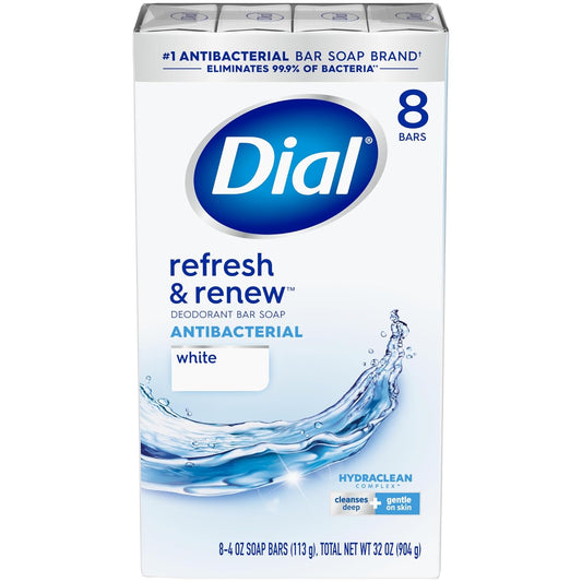 Dial Antibacterial Bar Soap, Refresh & Renew, White, 4 Oz, 32 Bars