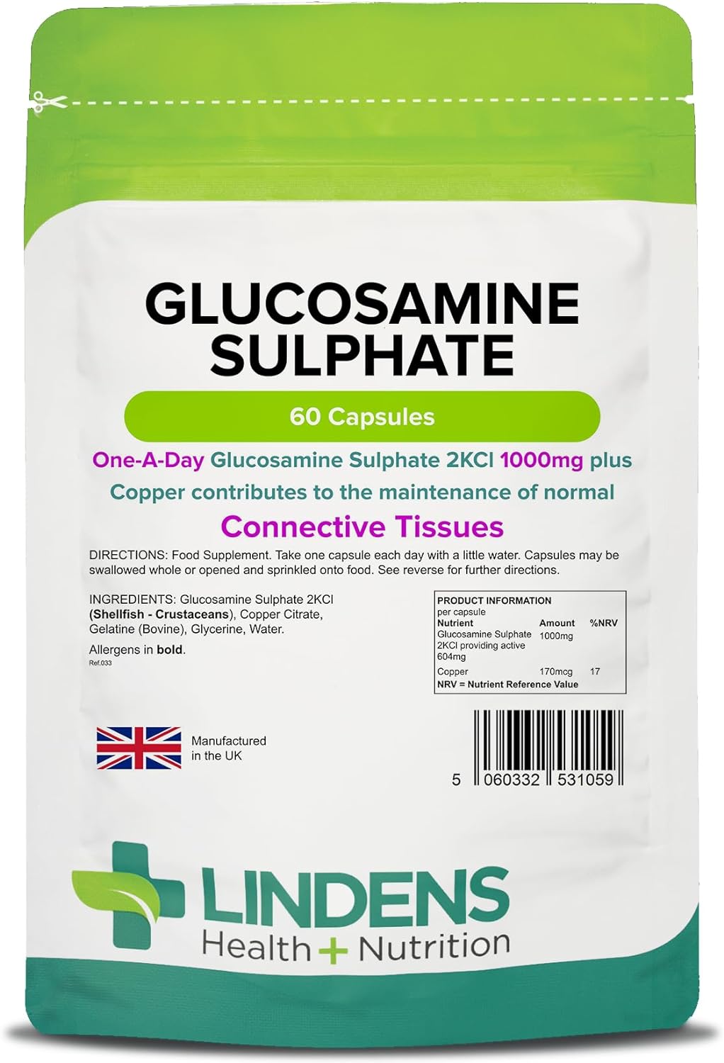 Lindens Glucosamine Sulphate 1000mg 60 Capsules | Joint Care | UK Made | 1 A Day | Joint Care Supplements | Joint Health | 2 Months Supply | Letterbox Friendly