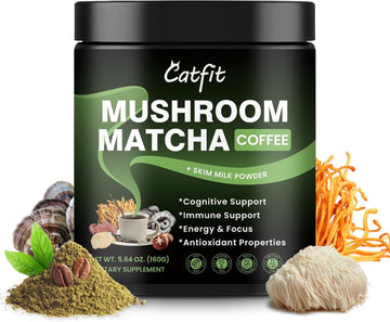 Mushroom Matcha Coffee - Matcha Green Tea Infused With 4 Superfood Mushrooms, Instant Coffee, Skim Milk - Great Tasting Mushroom Matcha For Focus & Energy, Non-Vegetarian - 5.64 Oz